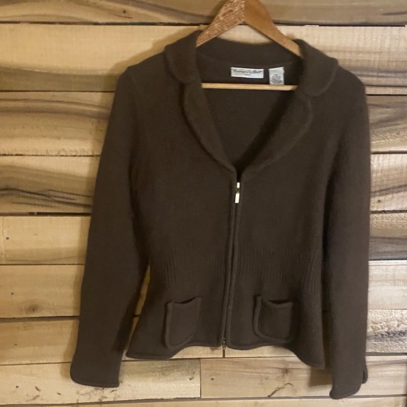 Cambridge Dry Goods Brown Zip-Up Cardigan size petite medium nylon angora wool - Picture 1 of 7